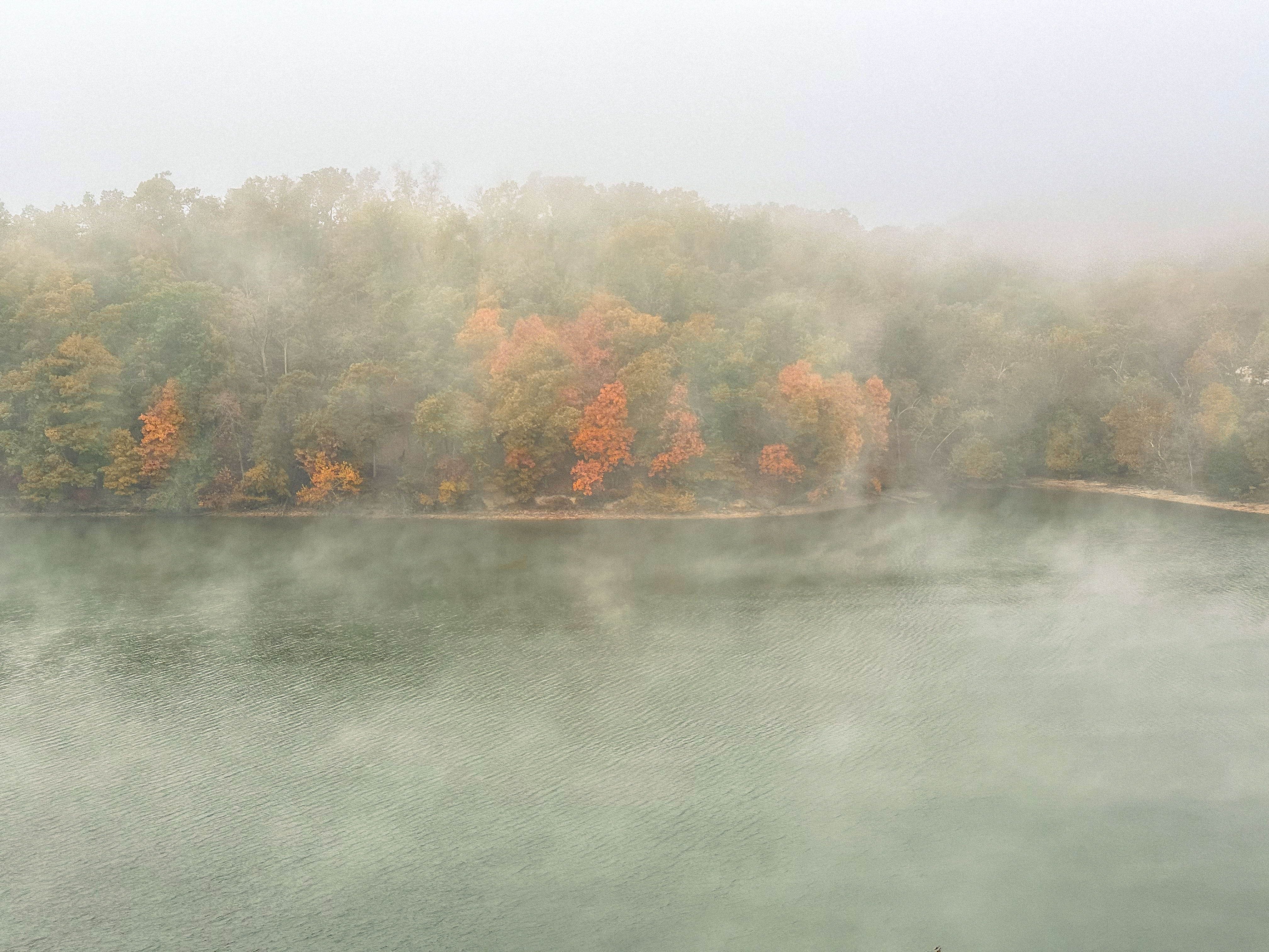 Autumn morning mist over the lake with fall foliage